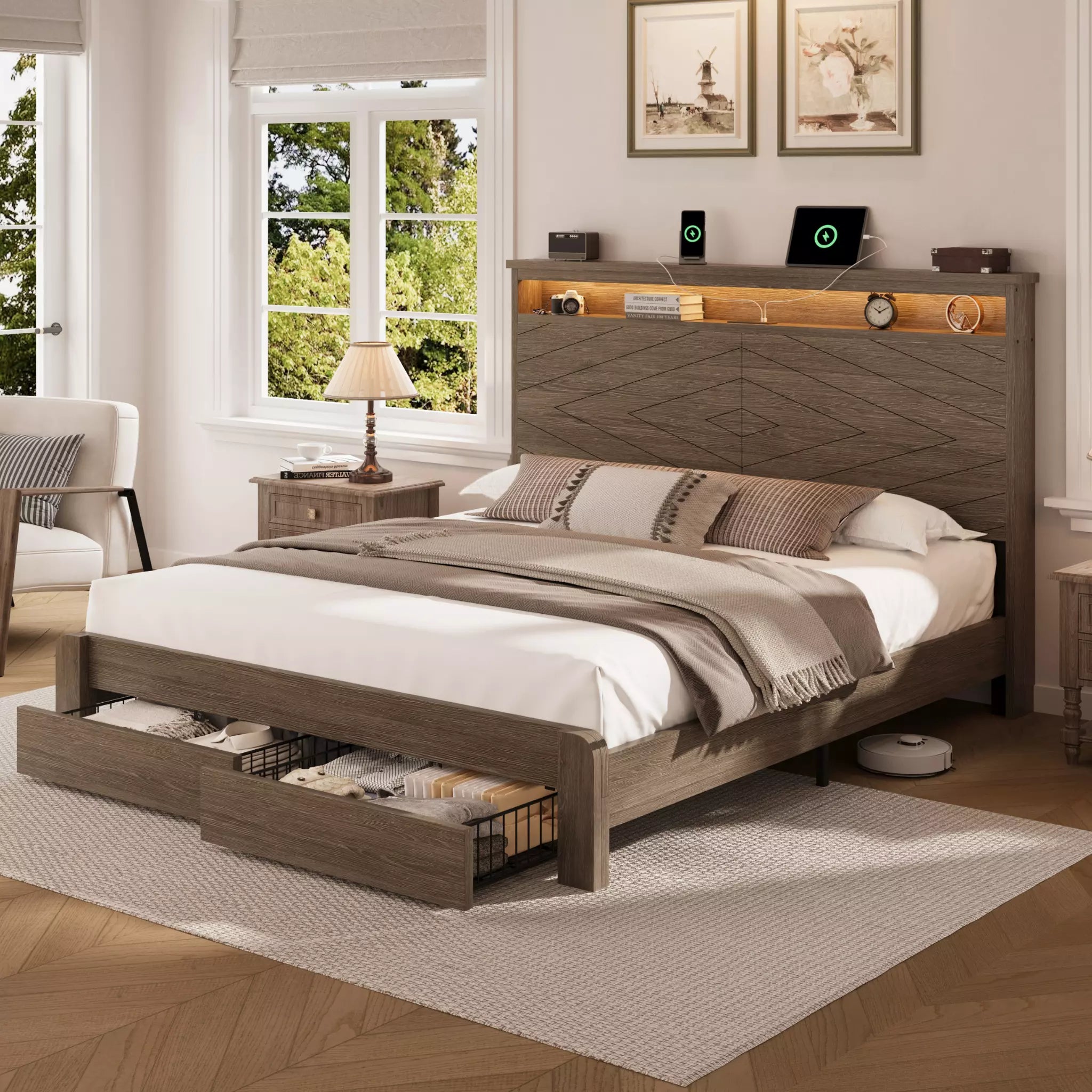 Arlo Farmhouse Platform Bed Frame | Storage Shelf Headboard, LED Lights & Charging Hub | Queen & King - Image 12