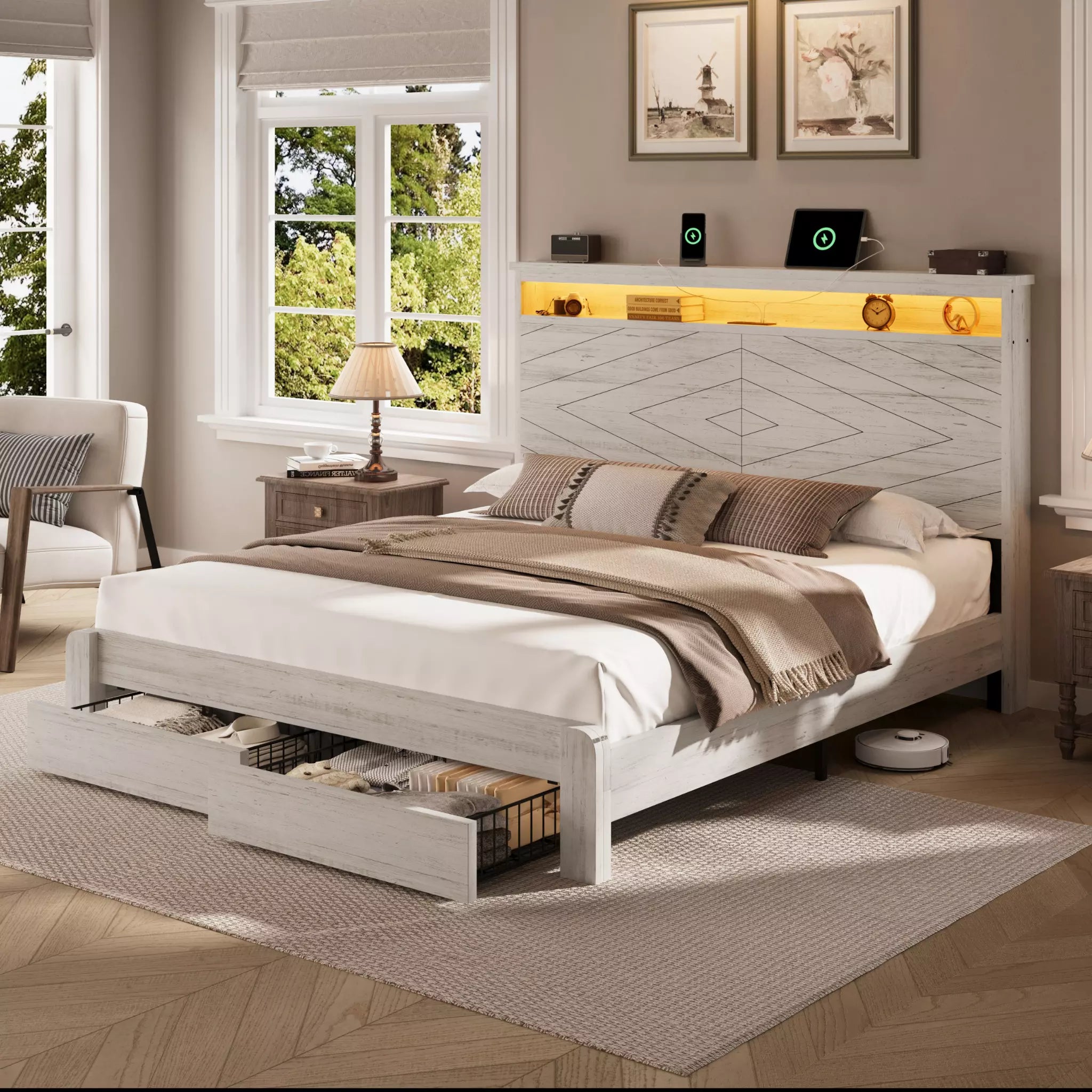 Arlo Farmhouse Platform Bed Frame | Storage Shelf Headboard, LED Lights & Charging Hub | Queen & King - Image 3