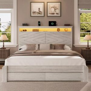 Arlo Farmhouse Platform Bed Frame | Storage Shelf Headboard, LED Lights & Charging Hub | Queen & King