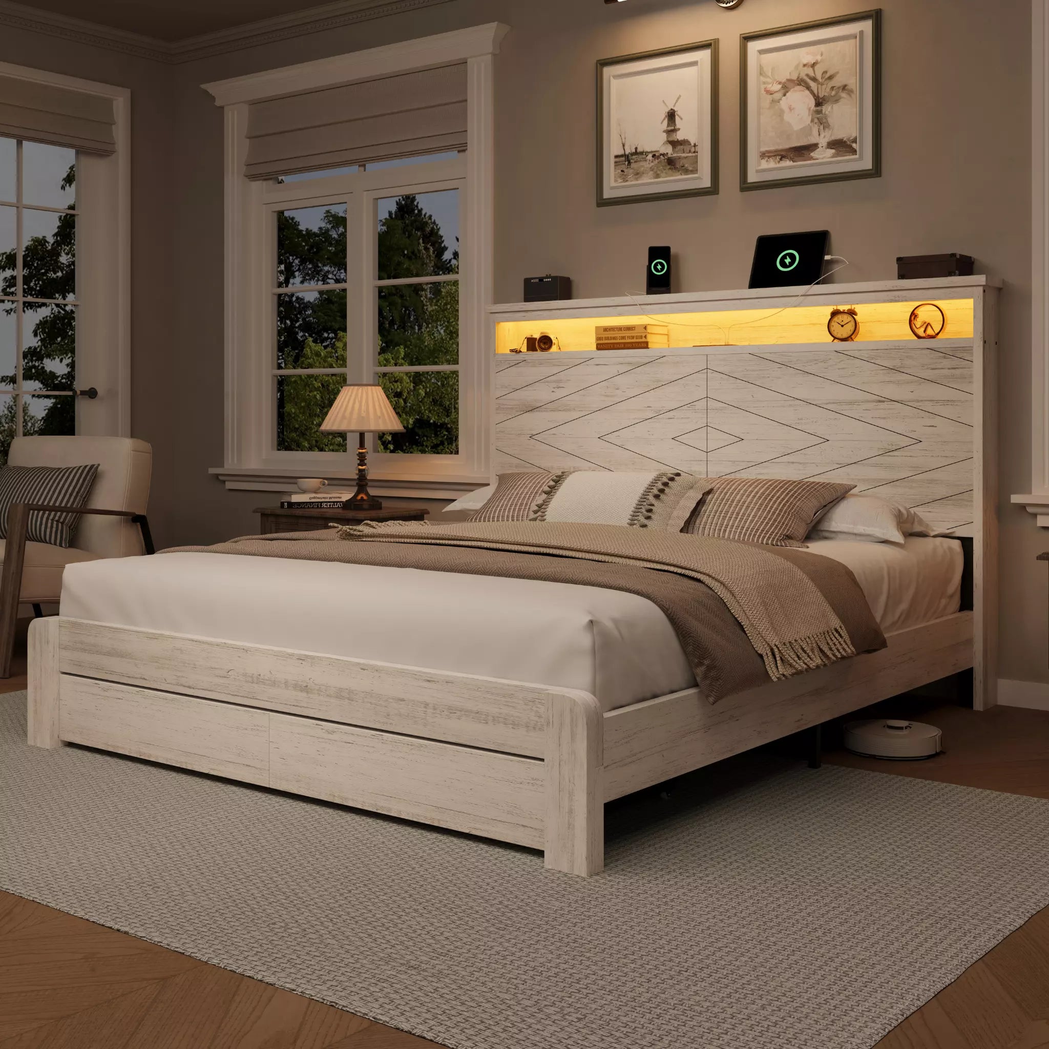 Arlo Farmhouse Platform Bed Frame | Storage Shelf Headboard, LED Lights & Charging Hub | Queen & King - Image 6