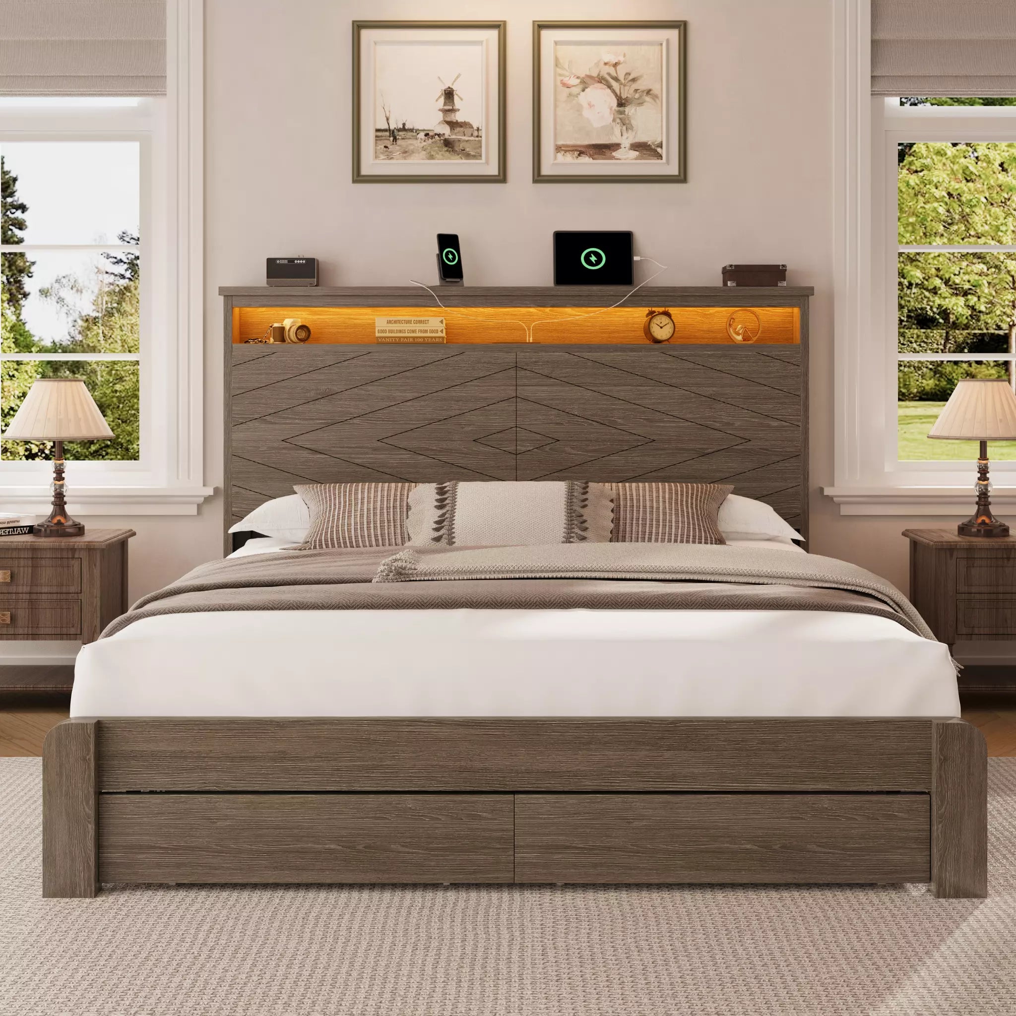 Arlo Farmhouse Platform Bed Frame | Storage Shelf Headboard, LED Lights & Charging Hub | Queen & King - Image 10