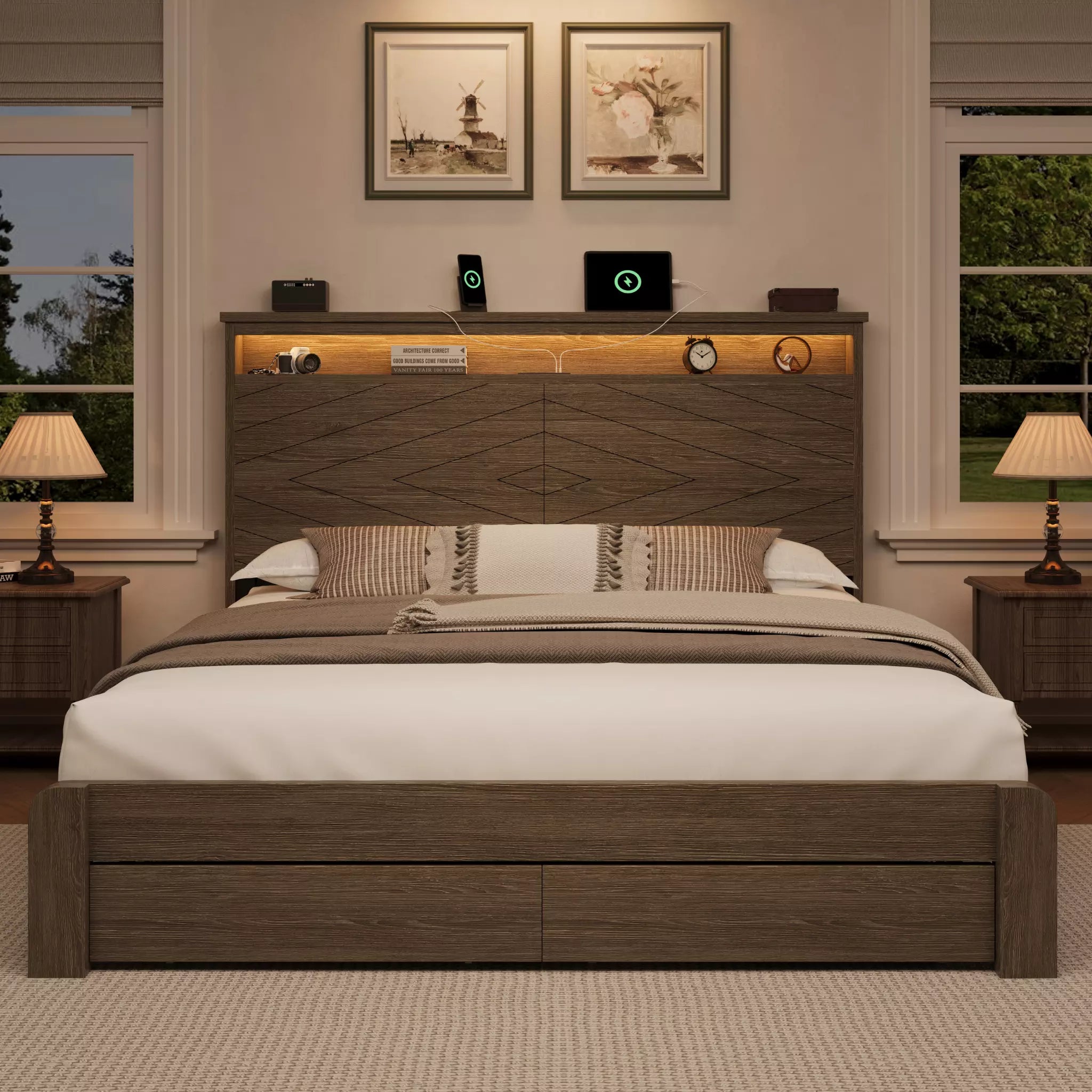 Arlo Farmhouse Platform Bed Frame | Storage Shelf Headboard, LED Lights & Charging Hub | Queen & King - Image 19