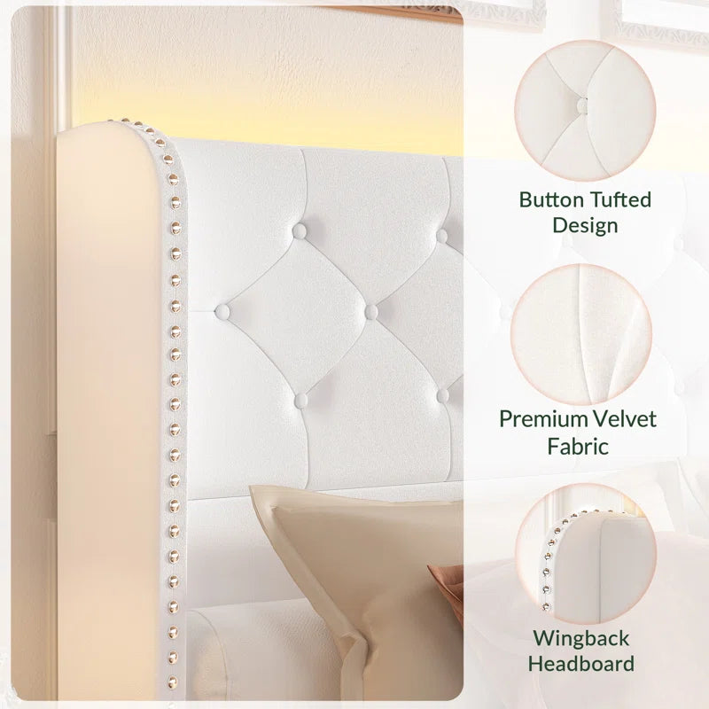 Korav Velvet Bed Frame with RGB LED Lights & Storage Drawers | Tufted Wingback Headboard | Queen & King - Image 7
