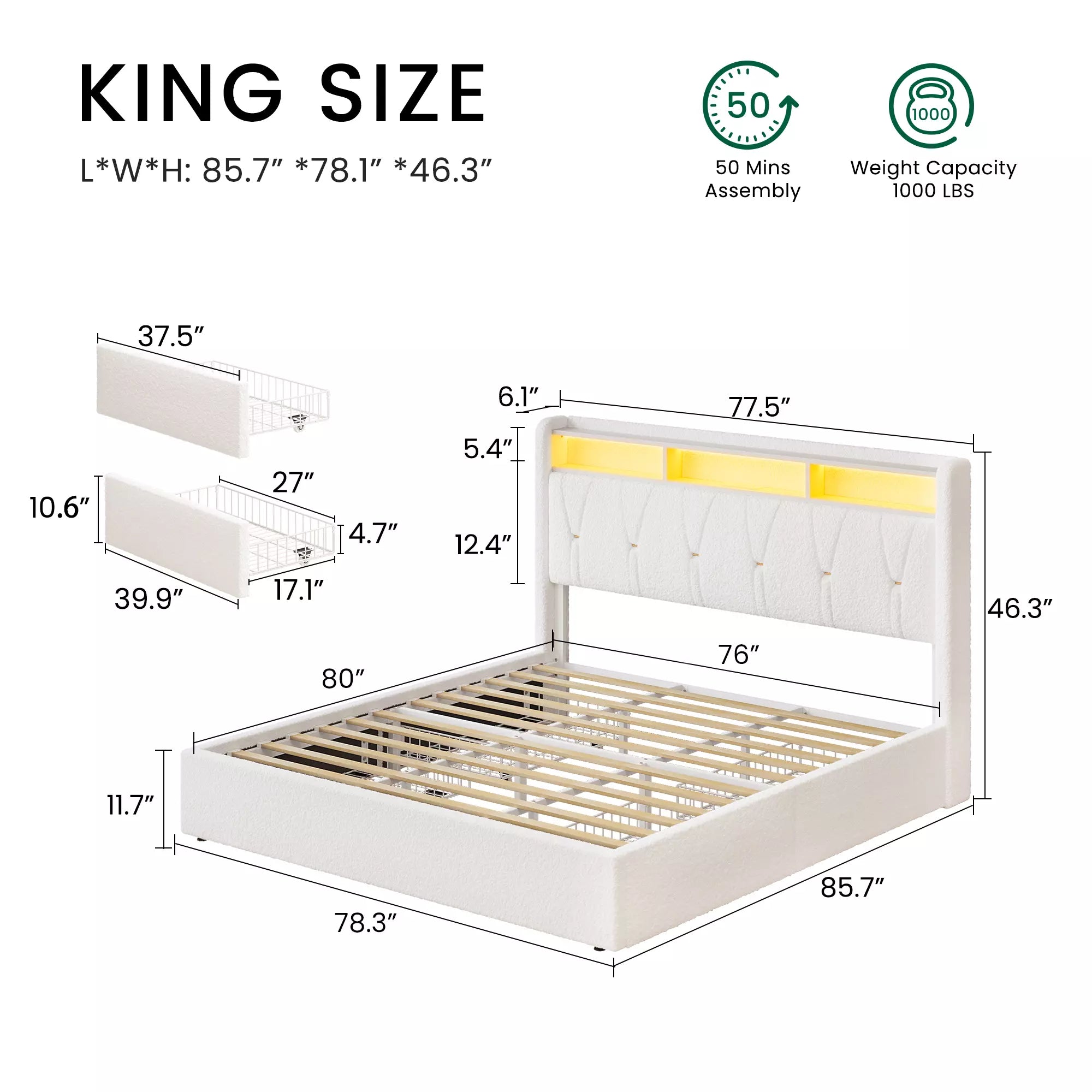 Covae Boucle Storage Bed Frame | LED Bookcase Headboard, 4 Drawers & Charging Station | Queen & King - Image 6