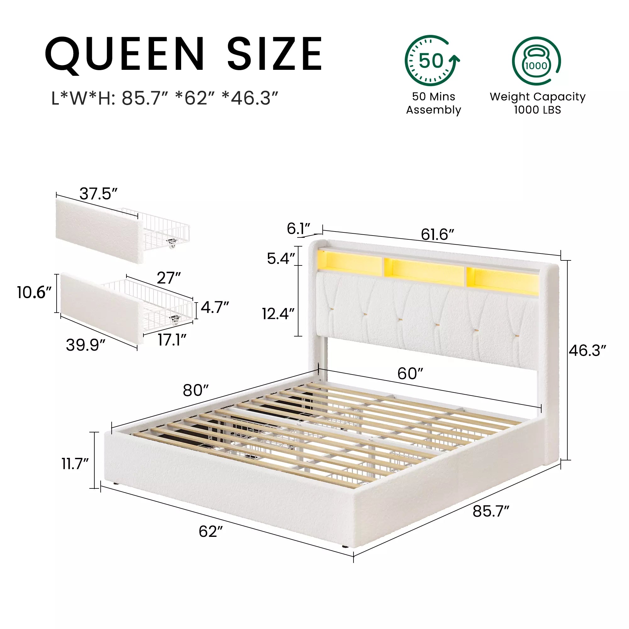 Covae Boucle Storage Bed Frame | LED Bookcase Headboard, 4 Drawers & Charging Station | Queen & King - Image 5