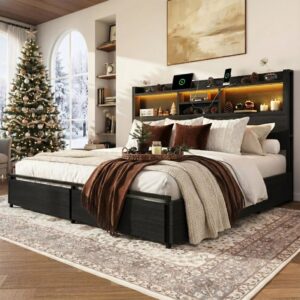Strato Bookcase Platform Bed Frame | Storage Drawers & Charging Station | Queen & King