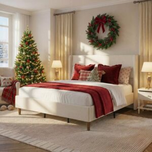Arc Linen Wingback Bed Frame | 51" Headboard, RGB LED Light & Charging Station | Queen & King