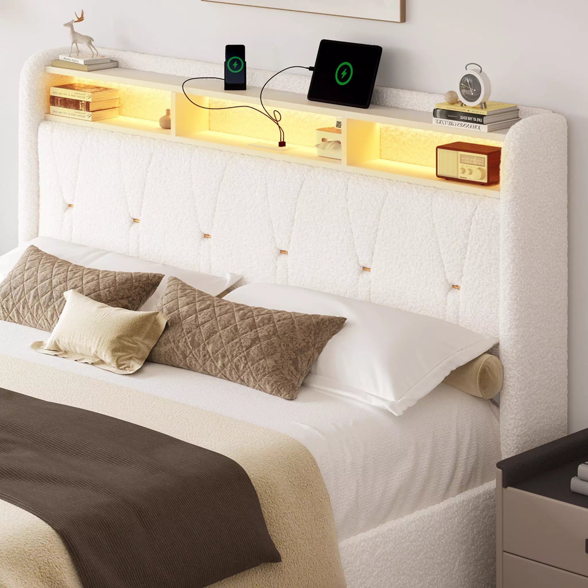 Covae Boucle Storage Bed Frame | LED Bookcase Headboard, 4 Drawers & Charging Station | Queen & King - Image 10