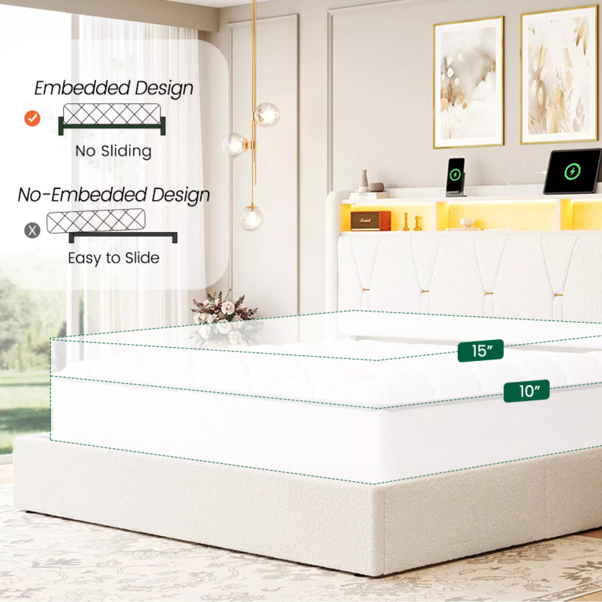 Covae Boucle Storage Bed Frame | LED Bookcase Headboard, 4 Drawers & Charging Station | Queen & King - Image 9