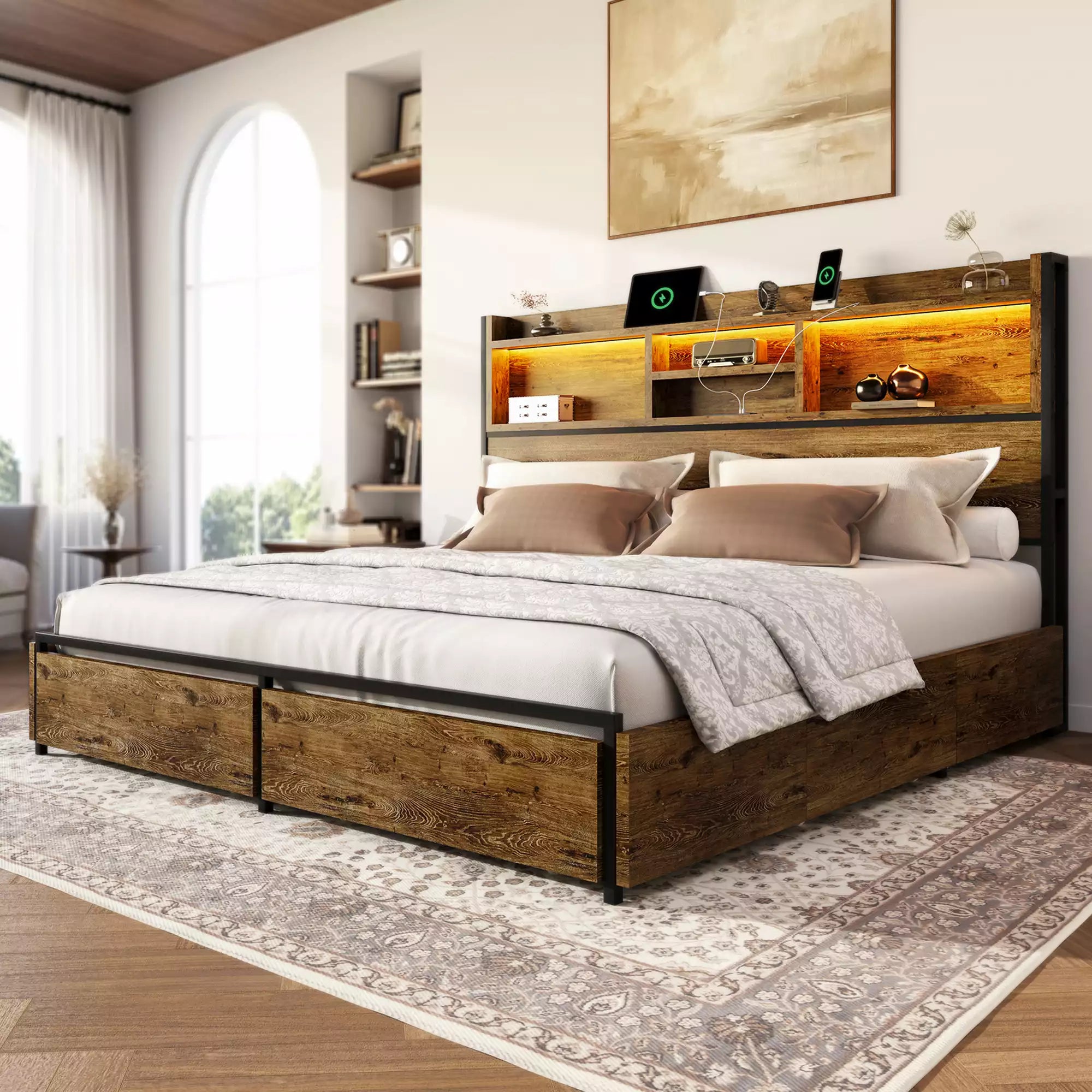 Strato Bookcase Platform Bed Frame | Storage Drawers & Charging Station | Queen & King - Image 10