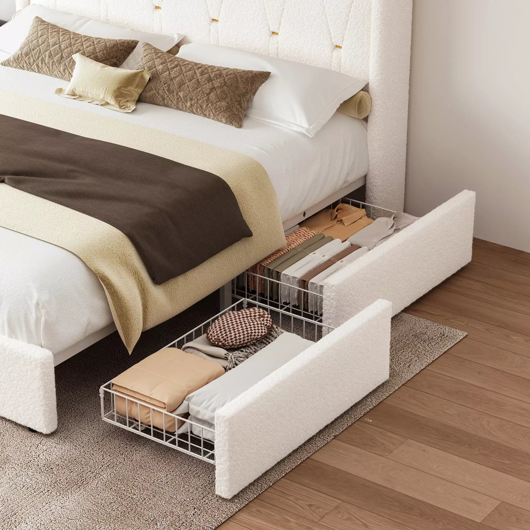 Covae Boucle Storage Bed Frame | LED Bookcase Headboard, 4 Drawers & Charging Station | Queen & King - Image 4