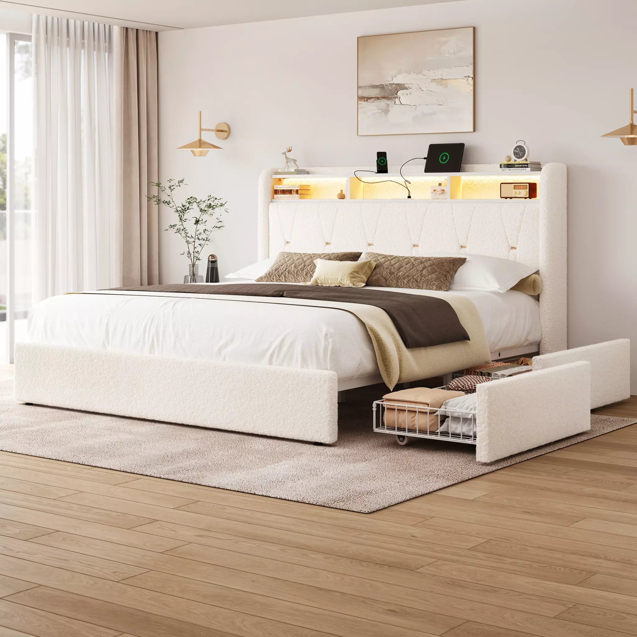 Covae Boucle Storage Bed Frame | LED Bookcase Headboard, 4 Drawers & Charging Station | Queen & King - Image 2