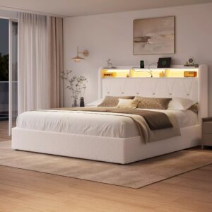 Covae Boucle Storage Bed Frame | LED Bookcase Headboard, 4 Drawers & Charging Station | Queen & King