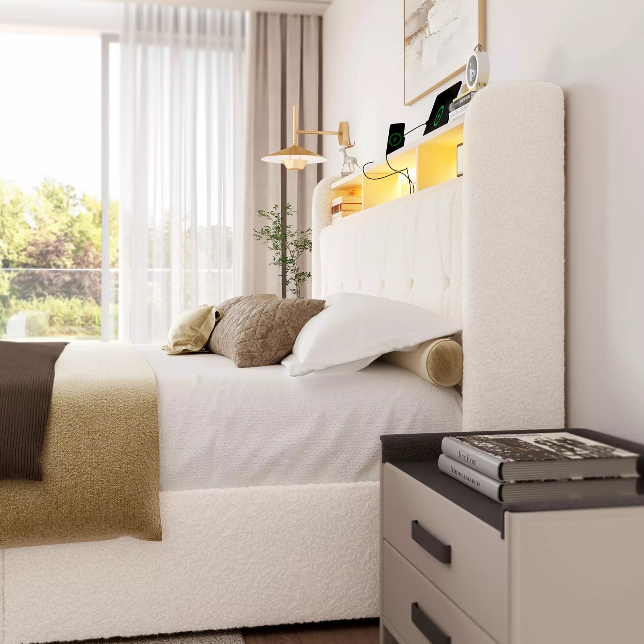 Covae Boucle Storage Bed Frame | LED Bookcase Headboard, 4 Drawers & Charging Station | Queen & King - Image 11