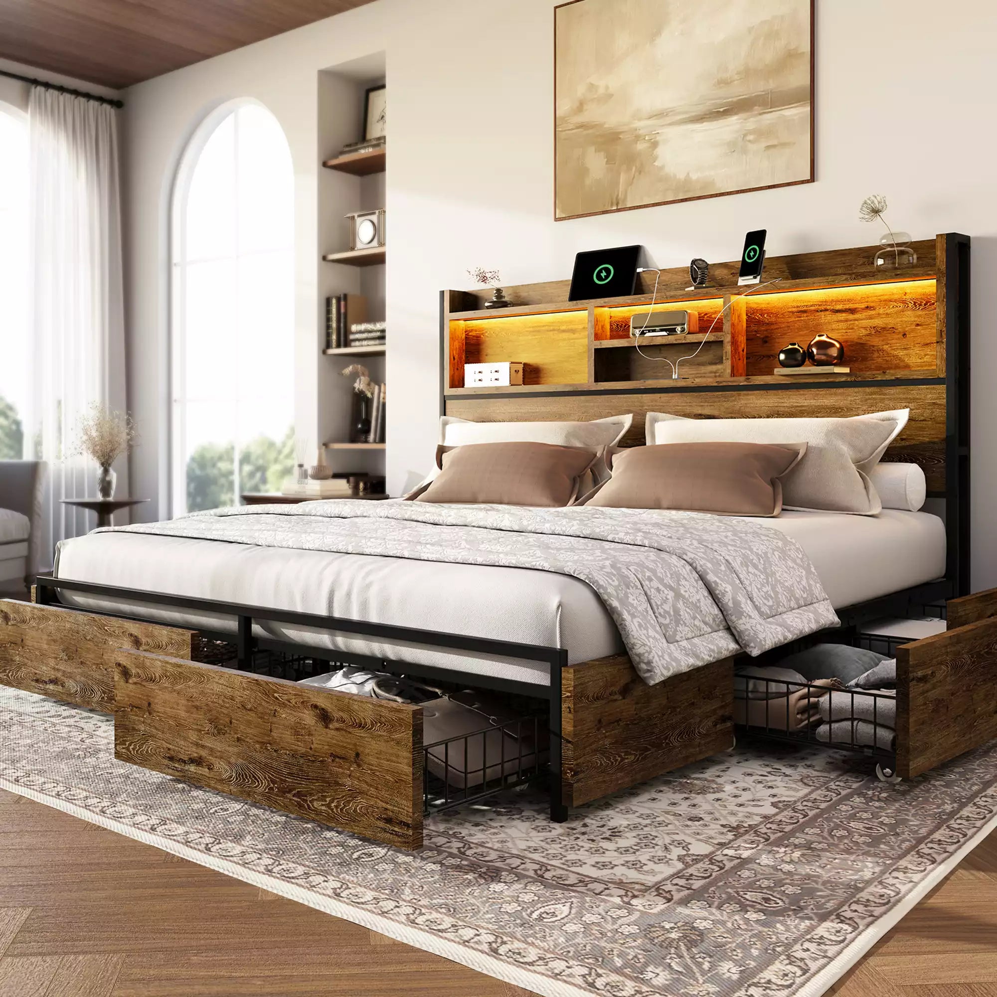 Strato Bookcase Platform Bed Frame | Storage Drawers & Charging Station | Queen & King - Image 9