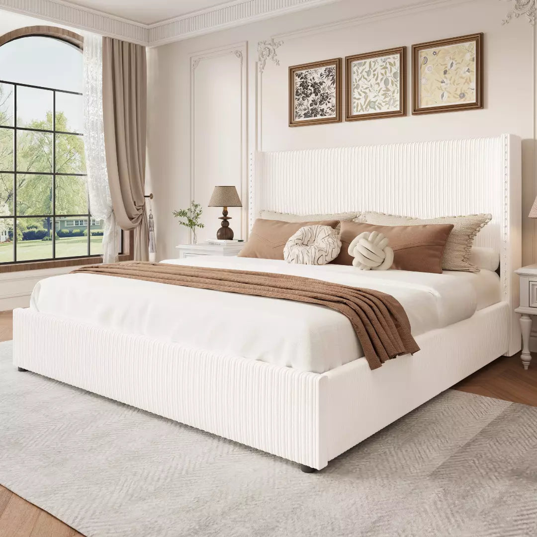 Elysia Corduroy Bed Frame | Channel Tufted Upholstered Platform Bed | Queen & King - Image 10