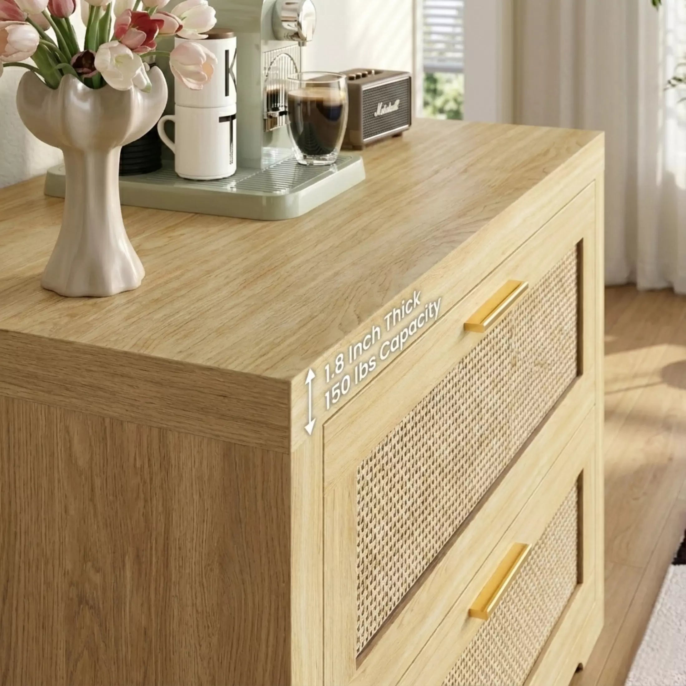 Rattan 6 Drawer Dresser | Handmade Boho Style Bedroom Organizer | Walnut & Oak - Image 16