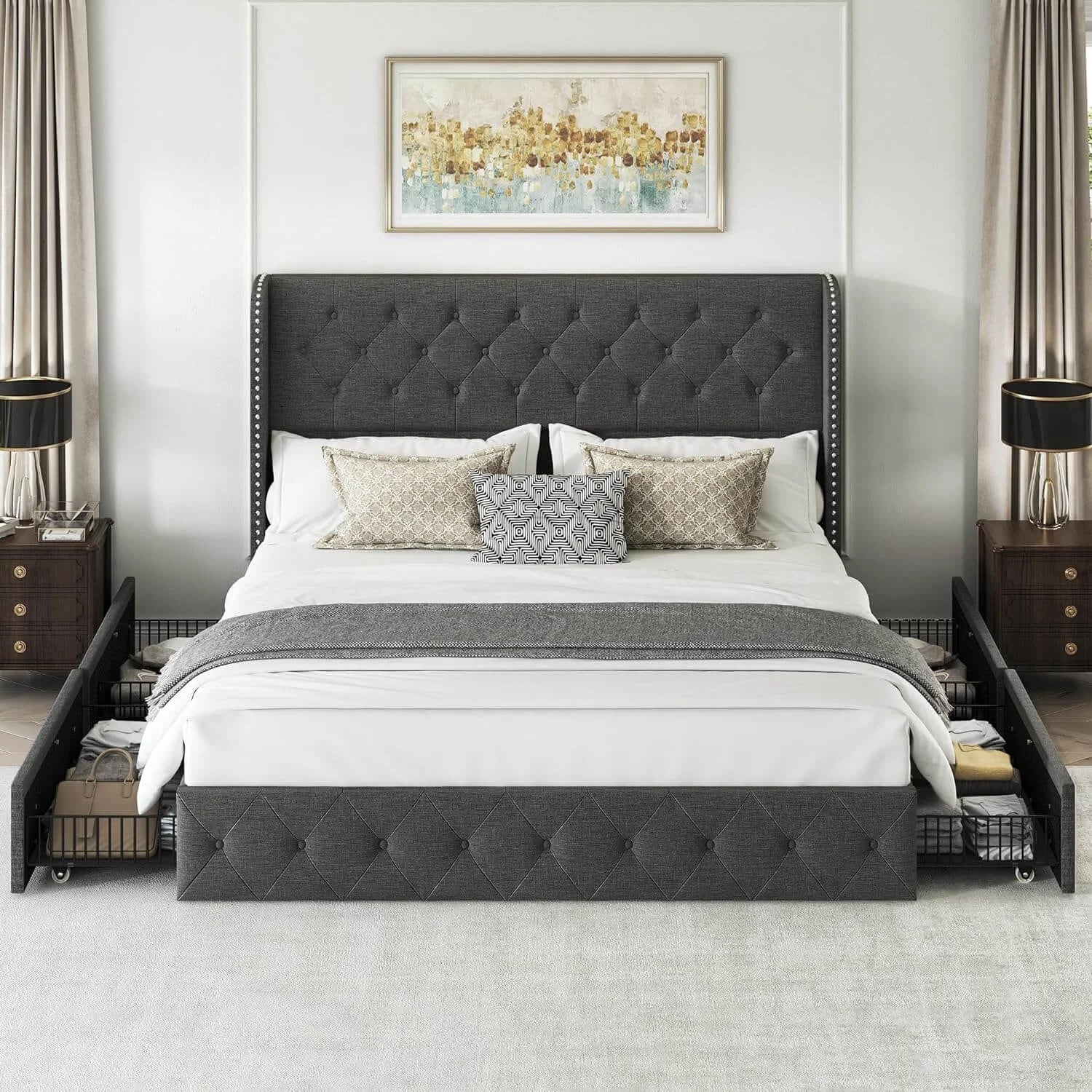 Korall Linen Storage Bed Frame | High Headboard & Storage Drawers | Queen & King - Image 13
