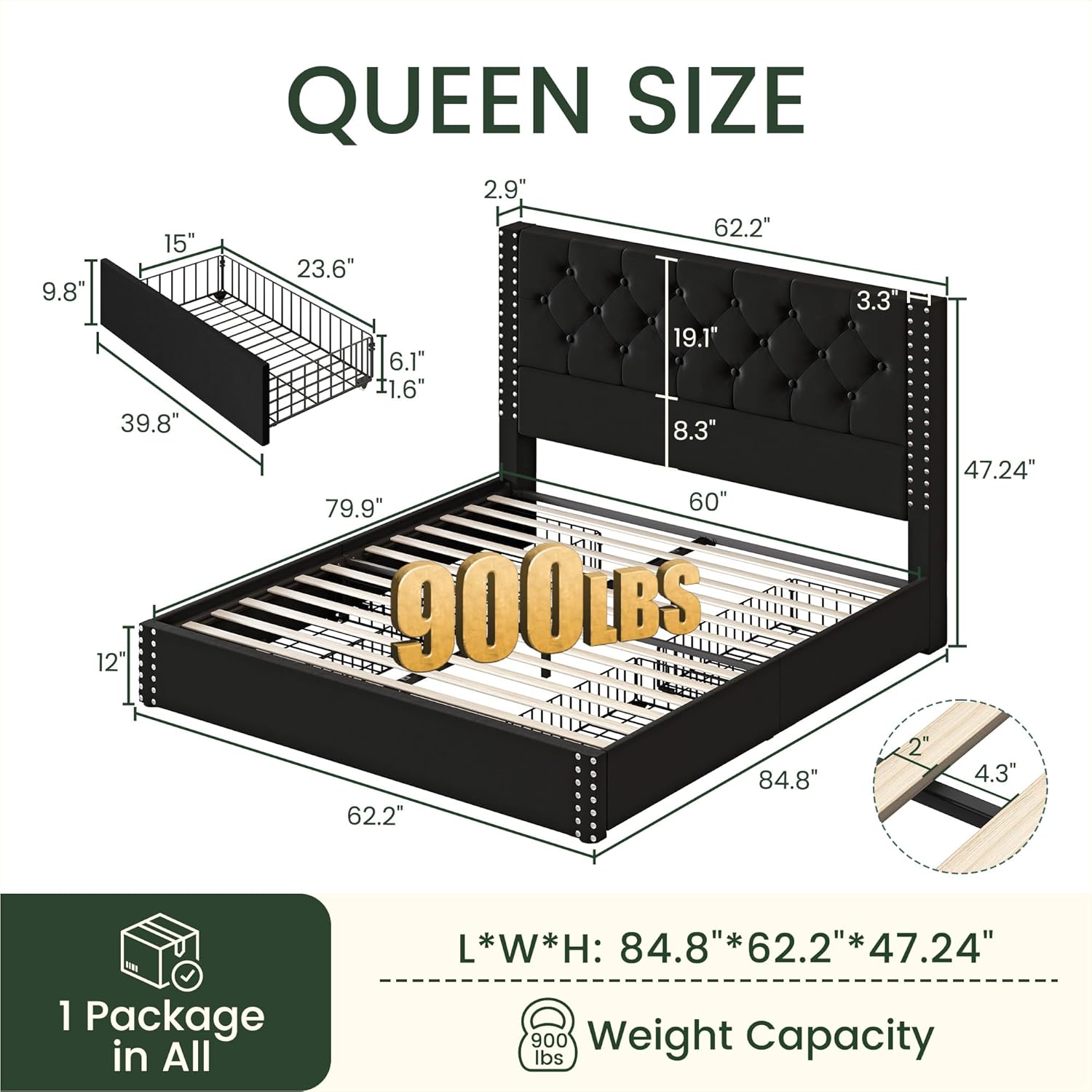 Vella Linen Bed Frame with Storage Drawers | Upholstered Platform Bed | Queen & King - Image 14