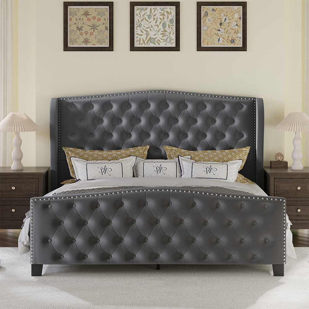 Nadell Velvet Bed Frame with Tall Headboard | Black Upholstered | Queen & King - Image 13