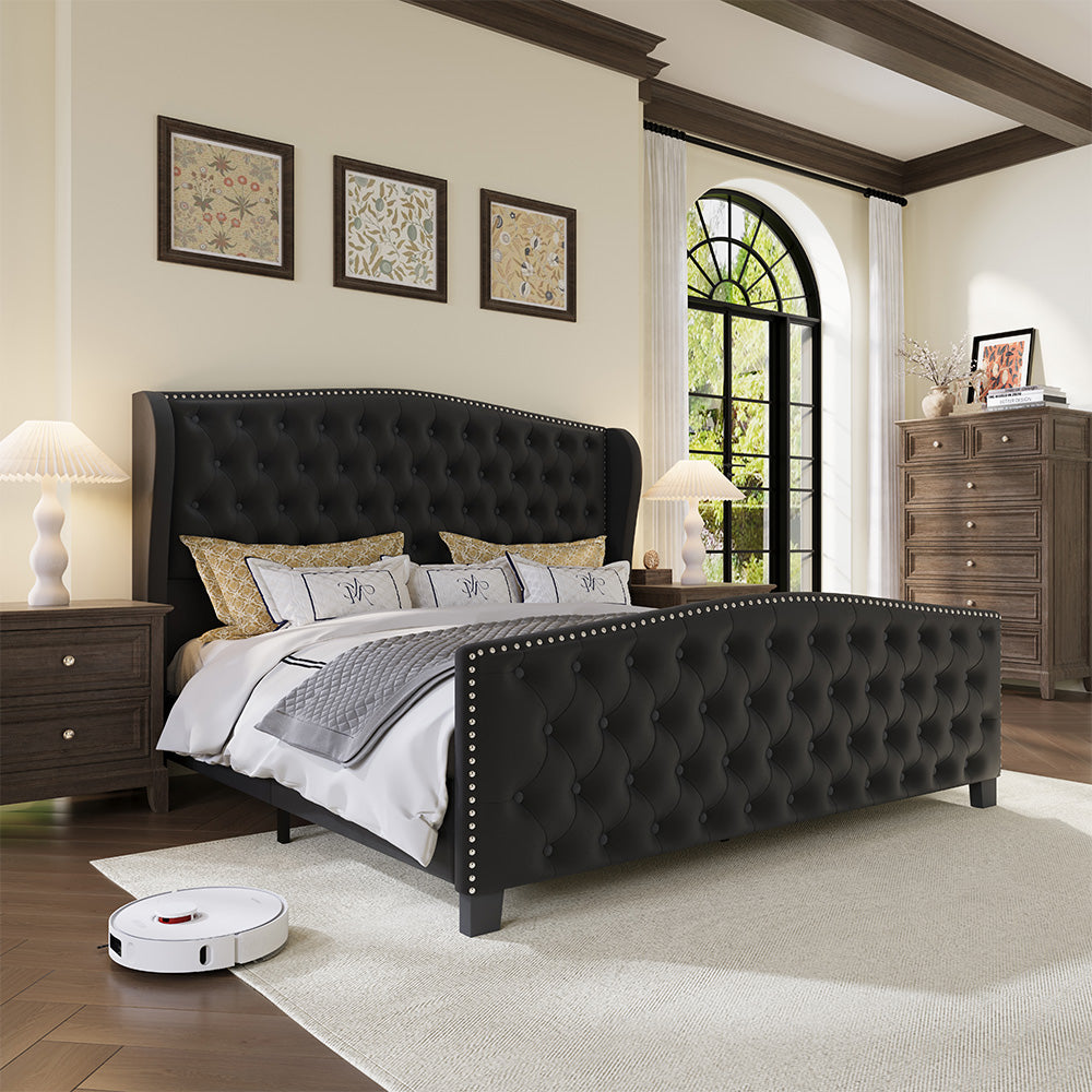Nadell Velvet Bed Frame with Tall Headboard | Black Upholstered | Queen & King