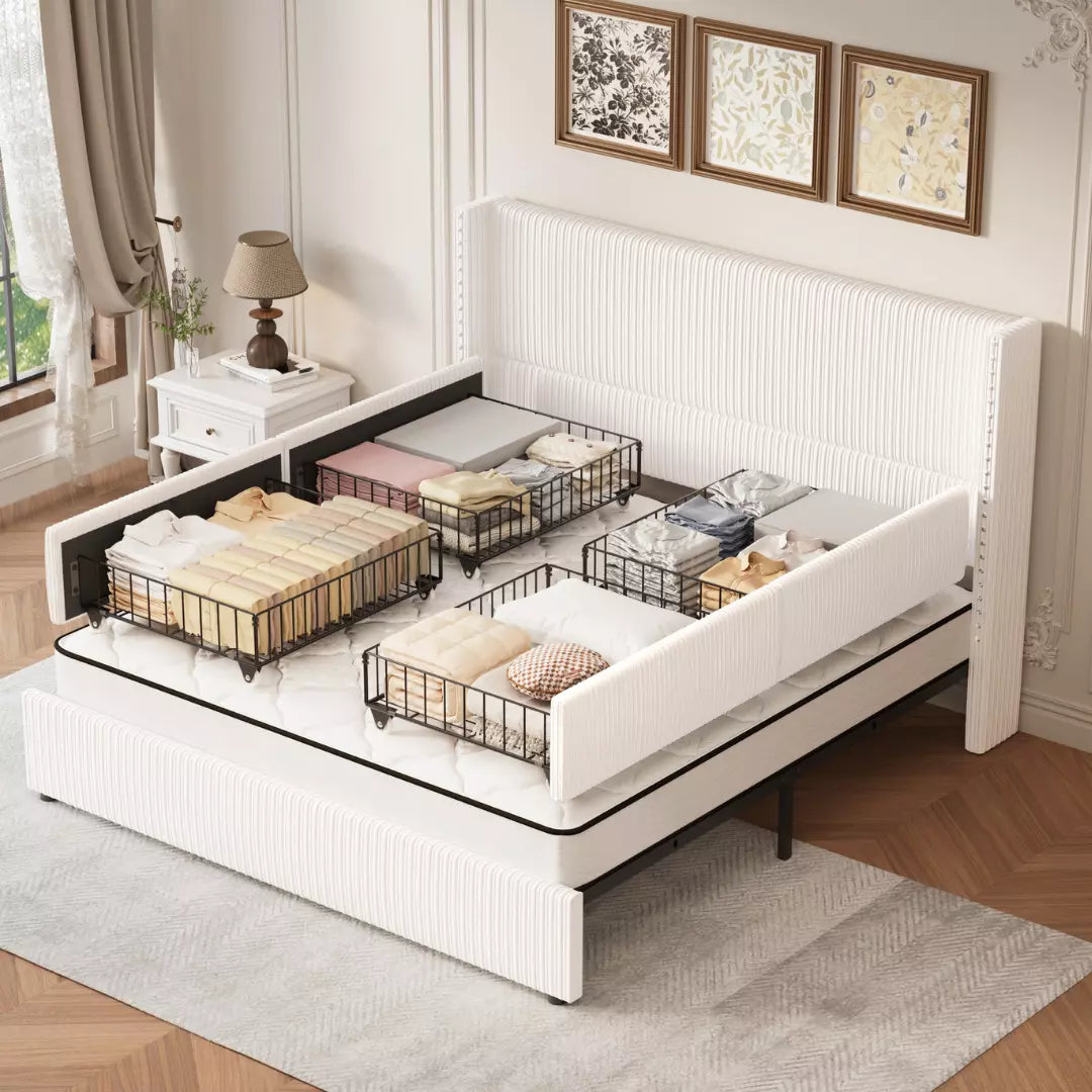 Elysia Corduroy Bed Frame | Channel Tufted Upholstered Platform Bed | Queen & King - Image 8