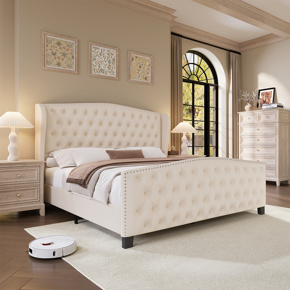 Nadell Velvet Bed Frame with Tall Headboard | Black Upholstered | Queen & King - Image 7