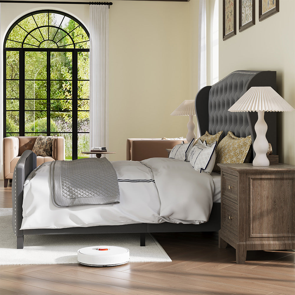 Nadell Velvet Bed Frame with Tall Headboard | Black Upholstered | Queen & King - Image 12