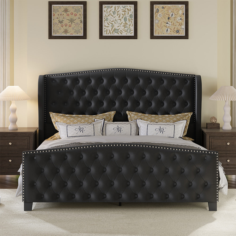 Nadell Velvet Bed Frame with Tall Headboard | Black Upholstered | Queen & King - Image 2