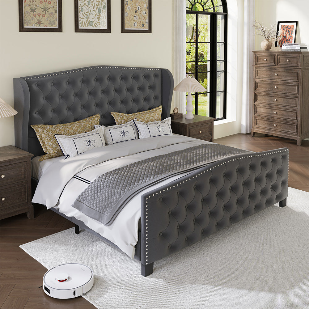 Nadell Velvet Bed Frame with Tall Headboard | Black Upholstered | Queen & King - Image 14